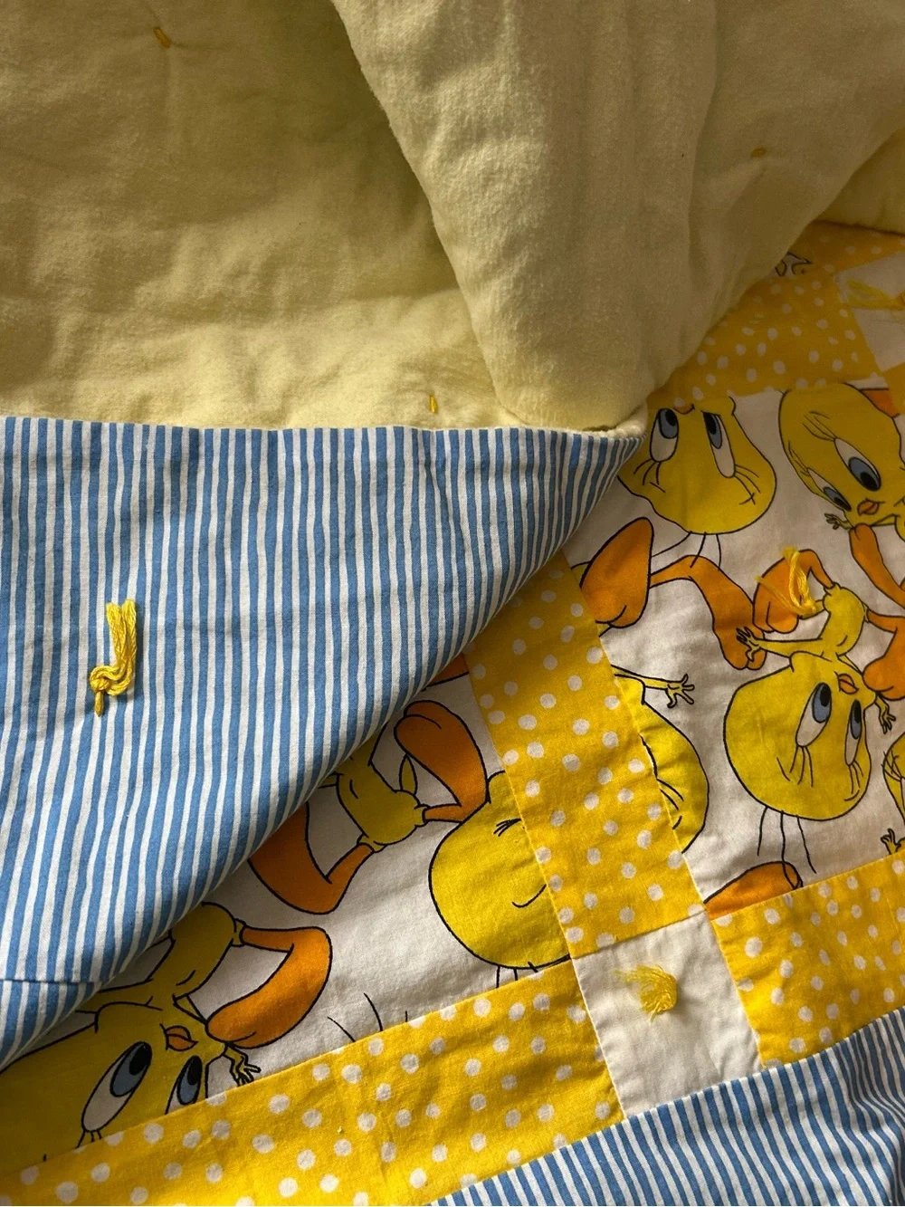 Yellow Tweety Patchwork Baby Quilt with Blue Stripe Border